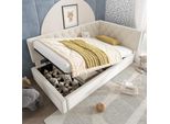 Letto Imbottito Flieks 90X190Cm Con Contenitore, Divano Letto Daybed Con Testiera Regolabile, Letto Daybed Per Bambini, Letto Per Ragazzi Con Rete A Doghe, Velluto, Beige