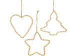Decorazione Natalizia In Legno Perline Cuore Albero Stella 16Cm Set Di 3 Naturale Appendere Decorazione