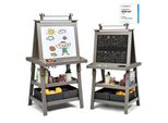Costway Cavalletto Per Bambini In Legno 3 In 1, Lavagna Per Bambini Bifacciale Con 2 Contenitori, Lavagna Bianca, Lavagna A Gesso, Magneti E Carta Da Disegno Grigio