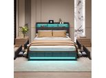 Cdglobal Letto Imbottito 140X200Cm Con Usb E Type-C, Letto Per Ragazzi Letto Matrimoniale Con 4 Cassetti, Letto Contenitore Letto In Legno Massiccio Con Led E Rete A Doghe, Biancheria