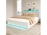 Letto Funzionale Fortuna Lai Letto Imbottito 140X200 Cm, Letto Matrimoniale Con Ricarica Usb E Vano Contenitore Sulla Testata, Lino, Beige