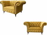 Poltrona Set Di Mobili Chesterfield 2X Set Monoposto Divano Divano Giallo Tessile