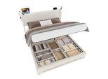 Lvhom Letto Imbottito 140X200Cm Con Lampade Da Lettura E Usb, Letto Matrimoniale Led Con Rete A Doghe, Letto Contenitore In Velluto, Letto Idraulico In Legno Con Rete, Beige