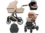 Carrozzina Kunert Arizo Premium 3In1 In Rosa Con Telaio Dorato, Navicella E Accessori