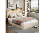 Unboxg Letto Imbottito 140X200Cm Con Rete A Doghe, Letto Matrimoniale Con Usb E Led, Letto A Molle Idrauliche Con Rete E Contenitore, Letto Matrimoniale In Velluto Con Contenitore Letto Funzionale, Beige