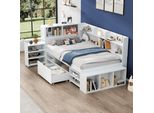 Letto Per Bambini Merax 90X200 Con Cassetti, Libreria E Contenitore, Letto Singolo Con Rete A Doghe E Contenitore, Letto Multifunzionale In Legno Bianco