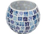Portacandele In Vetro Blu E Bianco A Mosaico Con Motivo Floreale Caldo E Romantico, Realizzato A Mano