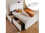 Letto Singolo Letto Imbottito 90X200Cm, Rete Con Led Usb Tipo C E 2 Cassetti, Bianco Sherp Con Materasso