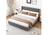 Letto Imbottito 180 X 200 Cm Con Rete A Doghe E Testata, Imbottitura Con Bottoni, Imbottitura Con Borchie, Gambe In Legno, Velluto, Grigio