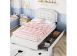 Letto Imbottito 90 X 200 Cm Piatto, Comodino Imbottito Con Rivetti Decorativi, Doppio Cassetto, Beige Chiaro