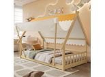 Letto Per Bambini Merax 90X200Cm Con Doghe Stabili, Letto A Casetta In Legno Con Tenda Rimovibile, Ringhiera Di Sicurezza, Letto Singolo In Pino + Compensato, Naturale