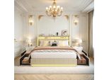 Letto Matrimoniale 160X200 Cm In Lino Beige - Testiera E Pediera Con Led, 4 Cassetti In Metallo, Porte Usb E Type-C