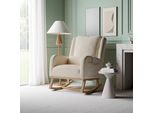Sedia A Dondolo In Lino Di Cotone Beige Con Tasche Laterali, Schienale Imbottito, Cuscino E Piedini Silenziosi