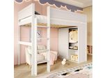 Letto A Soppalco Sweiko 90X200Cm, Versatile Letto Per Bambini, Dotato Di Armadio, Vano Contenitore, Spazio Aperto Sotto Il Letto, Senza Materasso, Legno Di Pino, Bianco