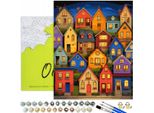 Pittura Per Numeri Adulti Città Case Colorate 50X40 - 32 Colori Acrilici, Tela Con Telaio In Legno, 3 Pennelli E Accessori Oh Art!
