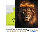 Pittura Per Numeri Adulti Animali Leone Fuoco 50X40 - 28 Colori Acrilici, Tela Con Telaio In Legno, 3 Pennelli E Accessori Oh Art!