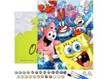 Pittura Con I Numeri Per Bambini Cartoon Spongebob World 50X40 - 27 Colori Acrilici, Tela Con Telaio In Legno, 3 Pennelli E Accessori Oh Art!