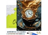 Pittura Con I Numeri Adulti E Bambini Orologio Da Caffè 50X40 - 26 Colori Acrilici, Tela Con Telaio In Legno, 3 Pennelli, Accessori, Vernice Dorata Oh Art!