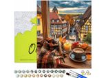 Pittura Per Numeri Adulti Caffè Mattina D'autunno 50X40 - 31 Colori Acrilici, Tela Con Telaio In Legno, 3 Pennelli E Accessori Oh Art!