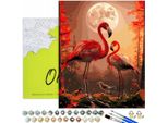 Dipingere Con I Numeri Adulti E Bambini Animali Fenicottero Luna 50X40 - 29 Colori Acrilici, Tela Con Telaio In Legno, 3 Pennelli E Accessori Oh Art!