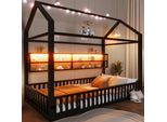 Letto Per Bambini Merax 90X200 Cm, Letto A Piattaforma A Forma Di Casa Con Illuminazione A Led, Recinzione Di Sicurezza, Ripiani, Letto Per Ragazzi In Metallo, Letto Da Terra, Letto In Ferro, Nero