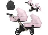 Carrozzina Doppia Kunert Brav Duo 2In1 In Ecopelle Rosa Baby Con Ruote In Gel E Telaio Champagne