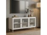 Porta Tv HWC-O87, Mobile Tv Ribassato Credenza Porte Scomparti Industriali Metallo Canna Vetro 58X120X40Cm ~ Bianco