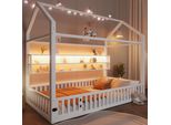 Letto Per Bambini Merax 90X200 Cm, Letto A Piattaforma A Forma Di Casa Con Illuminazione A Led, Recinzione Di Sicurezza, Ripiani, Letto Per Ragazzi In Metallo, Letto Da Terra, Letto In Ferro, Bianco