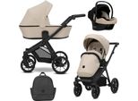 Carrozzina Kunert Brav 3In1 In Marrone Con Telaio Nero, Ruote In Gel E Seggiolino Auto Cosmo
