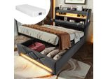 Letto Imbottito Letto Singolo 90 X 200, Testata Contenitore Con Porta Usb E Tipo C, Letti Led Con Contenitore Idraulico, Grigio, Con Materasso