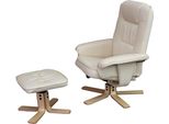 Poltrona Relax M56, Poltrona Tv Poltrona Tv Con Sgabello Pouf, Similcuoio, Legno Di Eucalipto ® ~ Crema