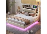 Letto Imbottito 140 X 200 Cm, Con Presa Usb E Striscia Luminosa, Testata Reversibile Con Vani Portaoggetti, Letto Matrimoniale Beige