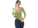 T-Shirt Da Donna Con Maniche A 3/4 E Scollo Rotondo. Oliva: S