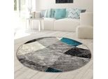 Tappeto Da Salotto Moderno Disegno Astratto Onda Diamante Marmorizzato In Blu Grigio - Facile Da Pulire Dimensioni - 200 Cm Tondo