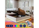 Letto Imbottito Flieks 180X200Cm Con Usb E Type-C, Letto Matrimoniale Per Ragazzi Con Led, Letto Contenitore Idraulico Con Rete A Doghe, Cotone, Beige