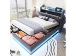 Letto Imbottito Flieks 90X200Cm Con Usb, Letto Contenitore Letto Singolo Con Rete A Doghe E Led, Letto A Molle Idrauliche Letto Per Giovani, Biancheria, Grigio