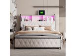 Letto Imbottito Per Adulti Con Illuminazione Led E Porte Usb, 4 Cassetti, Rete A Doghe, Rivestimento In Velluto, 180 X 200 Cm, Beige