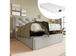 Letto A Molle Sweiko Letto Imbottito Con Testata E Rete A Doghe, Letto Con Funzione Di Contenitore, Cotone, Grigio Chiaro，90X200 Cm (Con Materasso)
