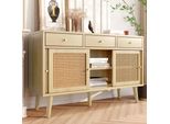 Cassettiera Merax In Vimini Rattan Con Ripiani Regolabili, Credenza Con 3 Cassetti E 3 Ante Scorrevoli, Mobile Da Soggiorno In Rattan Credenza In Legno Massiccio 120*40*78Cm