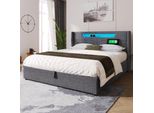 Letto Imbottito Flieks 140X200 Con Usb E Tipo C, Letto A Molle Con Rete A Doghe, Letto Per Ragazzi Con Led, Letto Contenitore Idraulico Letto Matrimoniale, Biancheria, Grigio