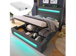 Letto Imbottito Matrimoniale 160X200 Cm, Letto Contenitore Con Vano Idraulico E Ricarica Usb Type-C, Grigio, Lino, Con Materasso.