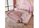 Letto Imbottito, 140 X 200 Cm, Con Rete A Doghe (Senza Materasso), Illuminazione Ambiente Con Telecomando, Letto Estraibile, 2 Cassetti, Rosa