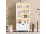 Fortuna Lai 80X30X173 Cm Libreria, Gambe In Legno Massello, Diversi Ripiani, Doppie Ante, Luce D'atmosfera Led Con Cambio Colore, Telecomando, Forma Semplice, Bianco