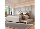 Letto Imbottito Flieks 140X200Cm Con Letto Estraibile, Letto Matrimoniale Letto Per Ragazzi Letto Per Bambini Con Rete A Doghe, Letto In Legno Letto Funzionale Letto Da Giorno, Velluto, Beige