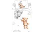 Biancheria Da Letto Reversibile Per Bambini Orsetto Grigio Palloncini Luna Piumone Da Letto 100 X 135 Cm + Cuscino 40 X 60 Cm 100% Cotone