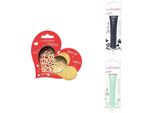 Set Di Biscotti A Forma Di Cuore + 2 Penne Di Cioccolato Nei Colori Verde Scuro E Verde Acqua