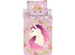 Biancheria Da Letto Reversibile Per Bambini Unicorno Fiori Foglie Rosa Piumone 140 X 200 + Cuscino 70 X 90 Cm 100% Cotone