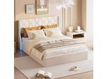 Letto Imbottito Proximax 160X200Cm Con Led E Rete A Doghe, Letto A Molle Idrauliche Con Rete E Contenitore, Letto Matrimoniale In Velluto Con Contenitore Letto Funzionale, Beige