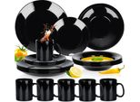 Vilde | Set Di Stoviglie - Nero - 24 Pezzi - Vetro Opalino - 6 Persone - Piatti Fondi - Piatti Piani - Piatti Da Dessert - Mugs