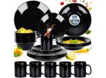 Vilde | Set Di Stoviglie - Nero - 30 Pezzi - Vetro Opalino - 6 Persone - Piatti Fondi - Piatti Piani - Piatti Da Dessert - Mugs - Ciotole